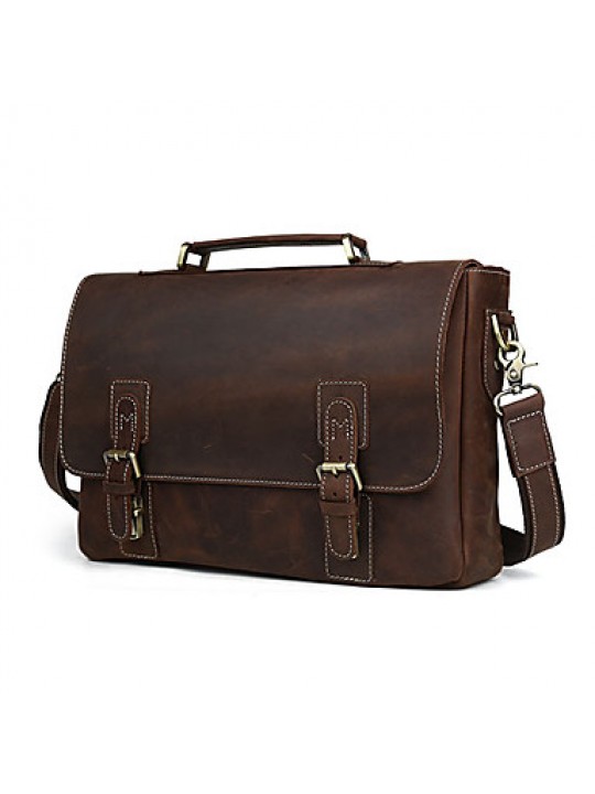 Mens Vintage Bull Real Leather Briefcase Messenger Bag