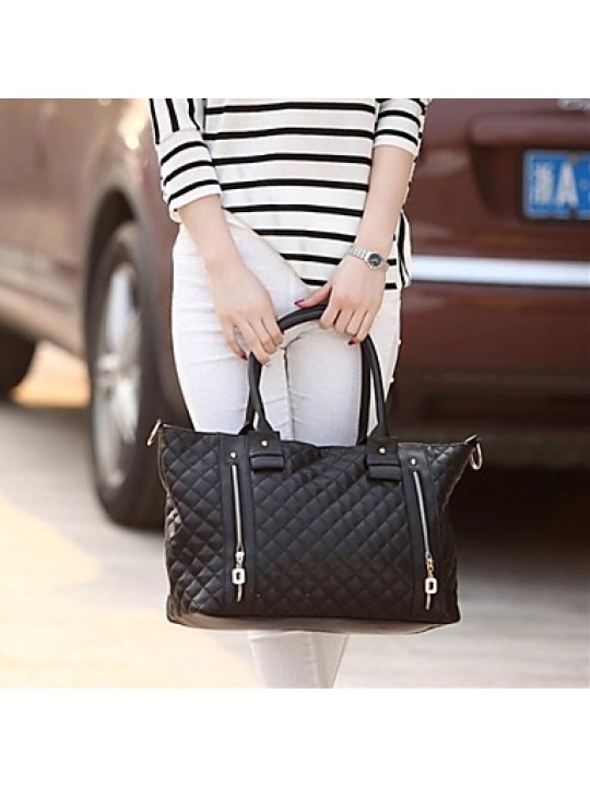 Women's PU Leather Quilted Check Pattern Twin Zipper Shoulder Bag Totes