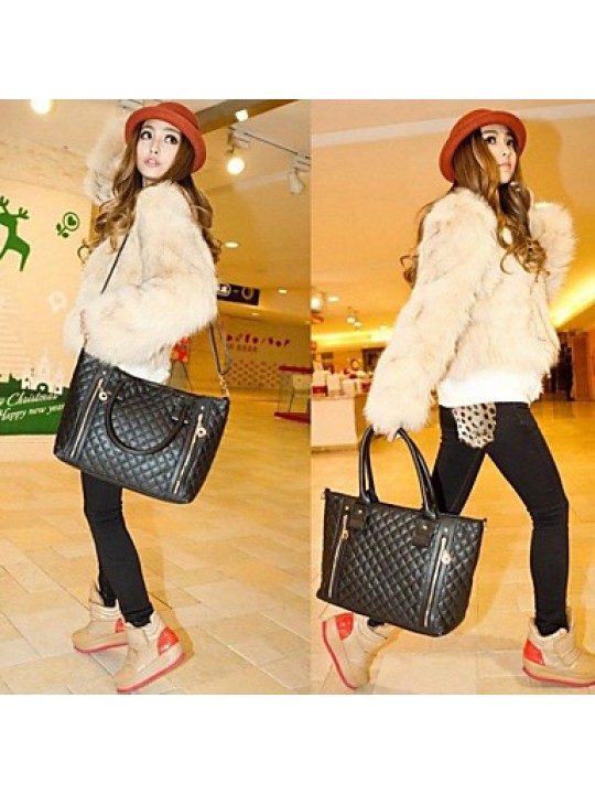 Women's PU Leather Quilted Check Pattern Twin Zipper Shoulder Bag Totes