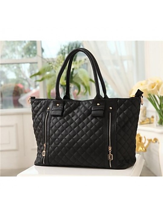 Women's PU Leather Quilted Check Pattern Twin Zipper Shoulder Bag Totes