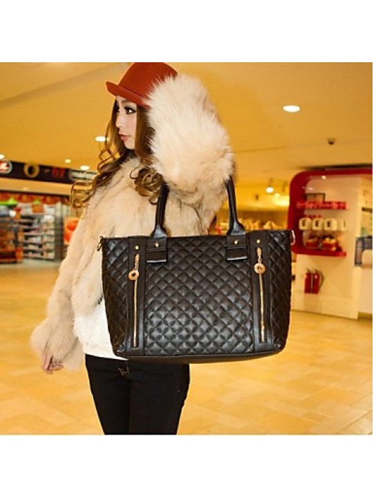 Women's PU Leather Quilted Check Pattern Twin Zipper Shoulder Bag Totes