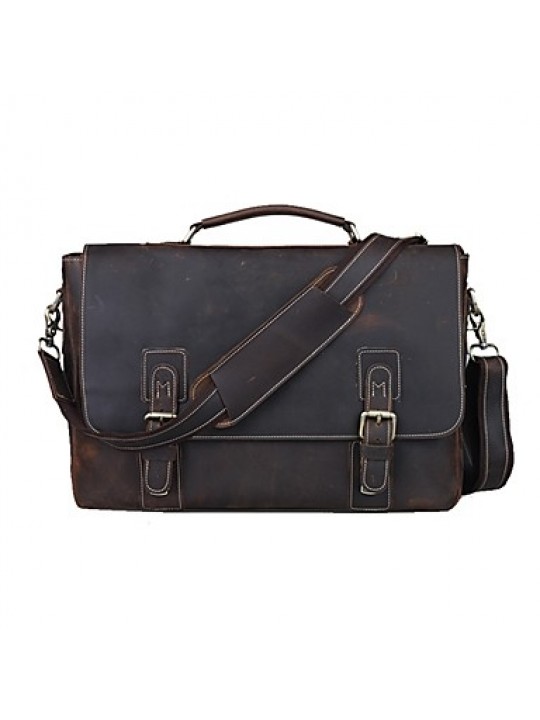 Mens Vintage Bull Real Leather Briefcase Messenger Bag